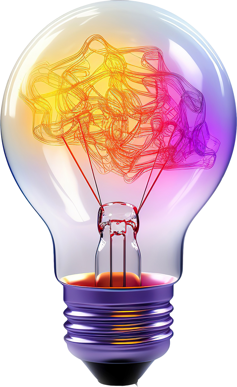 A colorful and vibrant light bulb with an intricate filament design. The filament appears to be a tangle of abstract lines in warm hues of orange, yellow, and red, creating a visually striking and artistic effect. The bulb has a purple metallic base, adding to its modern and innovative look.