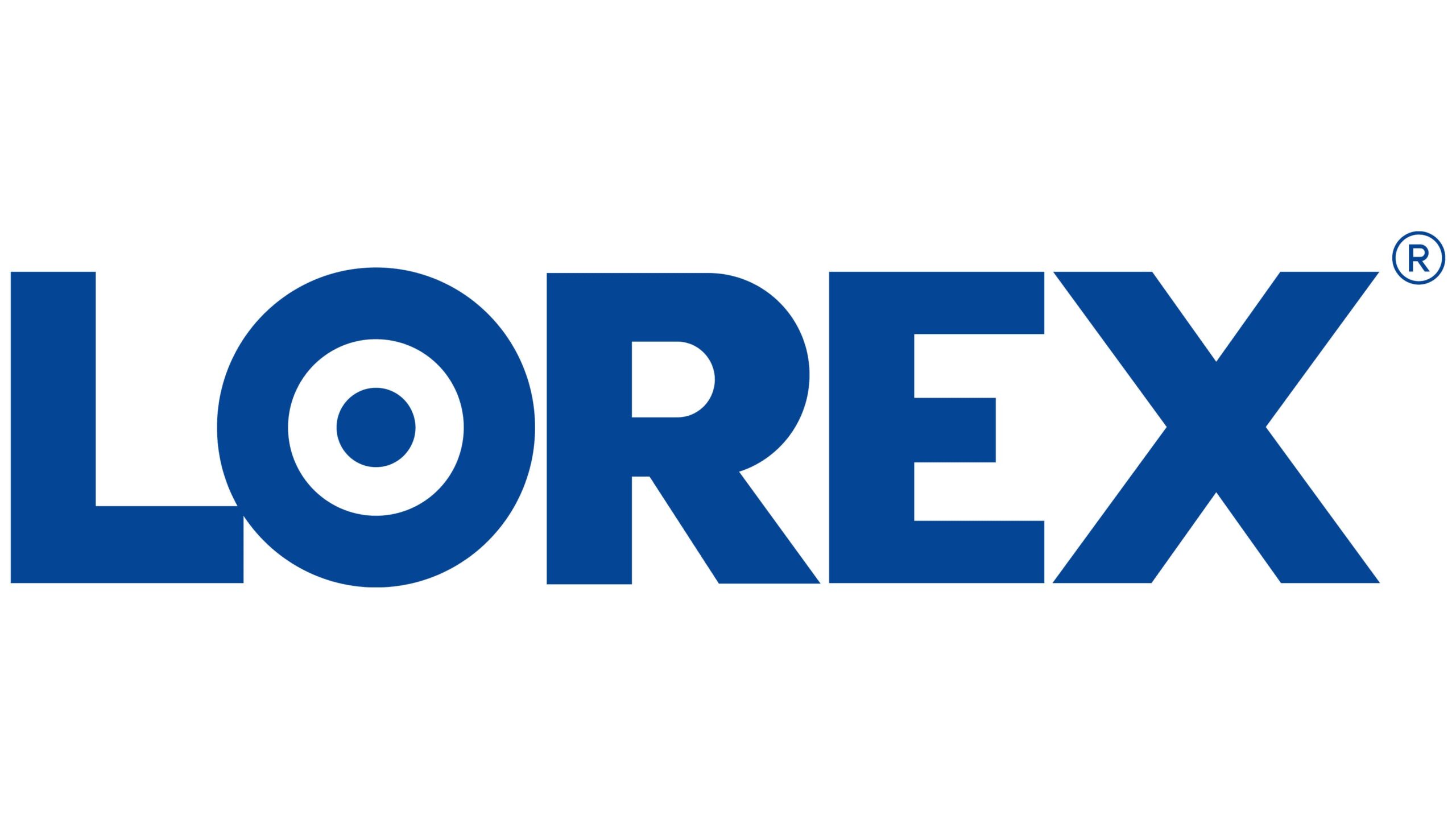 The Lorex logo in bold blue lettering, with a stylized circular “O,” representing the brand known for its security camera systems and video surveillance technology.