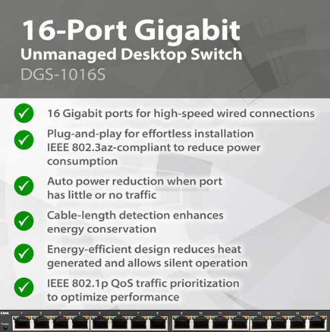 D-Link DGS-1016S 16-Port Gigabit Unmanaged Switch – Fanless, Plug & Play, Slim Metal Desktop Design - Image 8