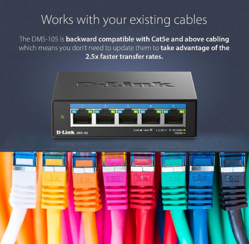 D-Link DMS-105 5-Port 2.5Gb Unmanaged Multi-Gig Switch – All 2.5G Ports, Fanless, Plug & Play - Image 2
