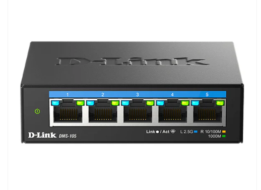 D-Link DMS-105 5-Port 2.5Gb Unmanaged Multi-Gig Switch – All 2.5G Ports, Fanless, Plug & Play