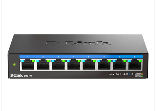 Front view of the D-Link DMS-108 8-port gigabit Ethernet switch, featuring LED indicators for link and activity status on each port."