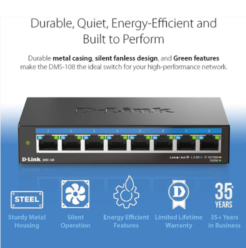 D-Link DMS-108 8-Port 2.5G Gaming Switch – Unmanaged, Fanless, All Multi-Gig Ports, Plug & Play Setup - Image 7