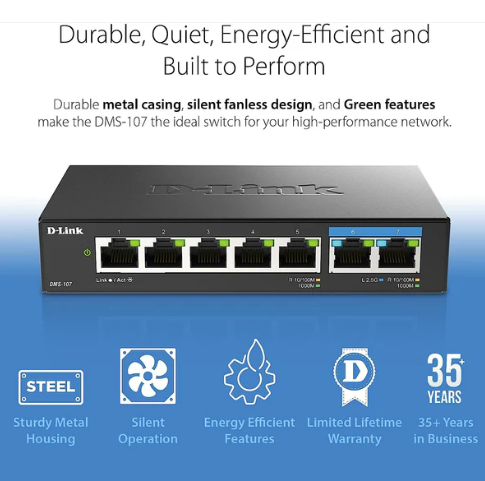 D-Link DMS-107 7-Port Unmanaged Ethernet Switch – 2 x 2.5Gb Ports, 5 x Gigabit Ports, Plug & Play - Image 6