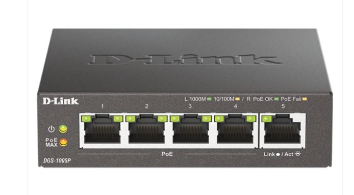 D-Link DGS-1005P 5-Port Gigabit PoE+ Switch – 4 PoE+ Ports, 60W Budget, Fanless Metal Desktop Design