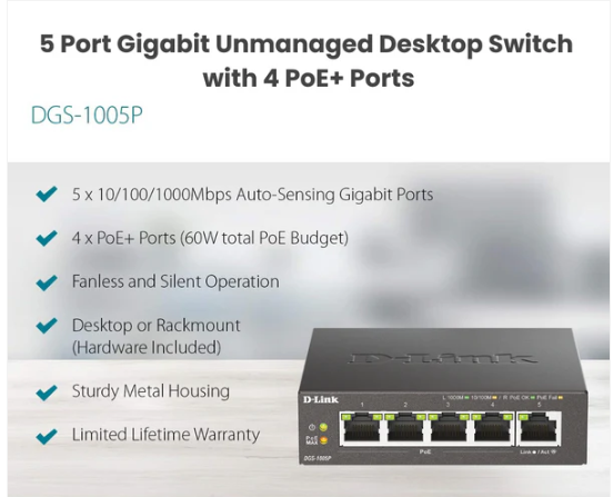 D-Link DGS-1005P 5-Port Gigabit PoE+ Switch – 4 PoE+ Ports, 60W Budget, Fanless Metal Desktop Design - Image 6