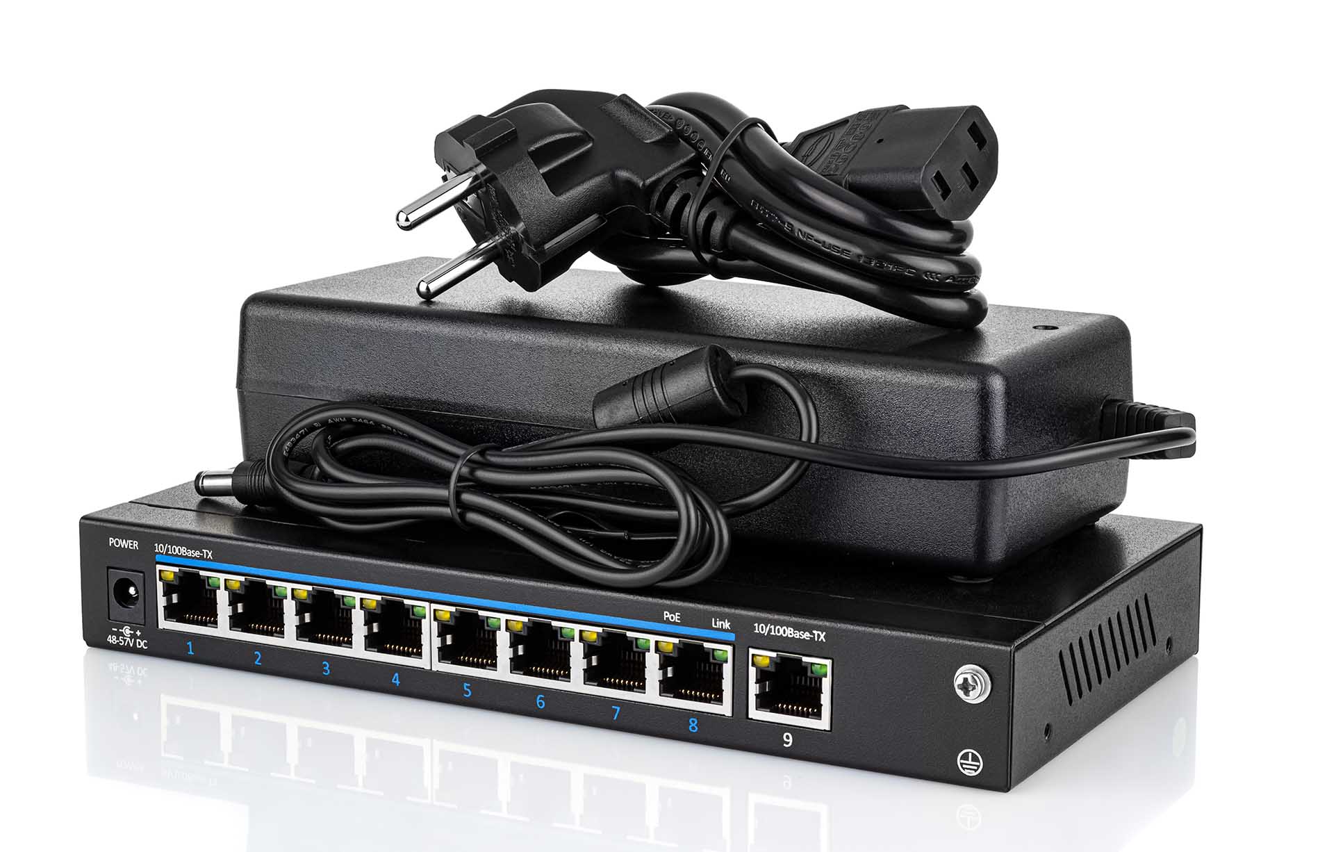 A 10-port network switch with Power over Ethernet (PoE) capability, shown with its power adapter and cables—ideal for expanding wired network connections.
