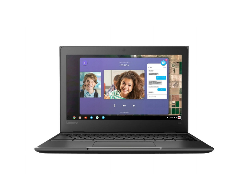 LENOVO 100E Chromebook displaying a video call interface on an 11.6-inch non-touch HD screen