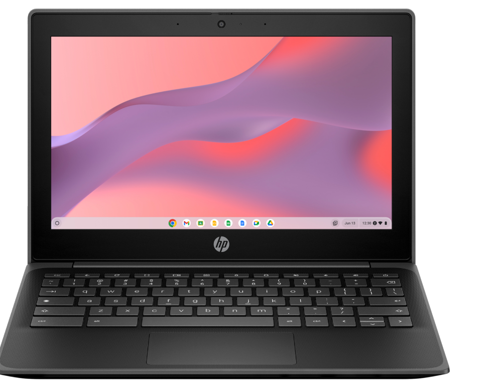 HP Fortis 11 inch G10 Chromebook with touchscreen display showing Chrome OS home screen