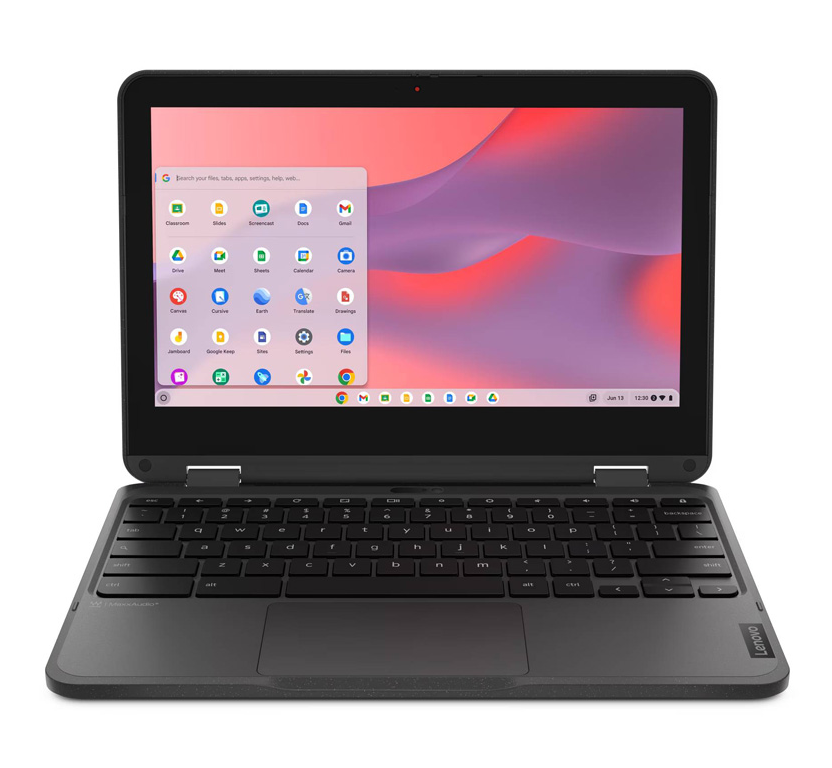 Lenovo 500e Chromebook with open screen displaying Chrome OS app launcher on a compact 11.6-inch display