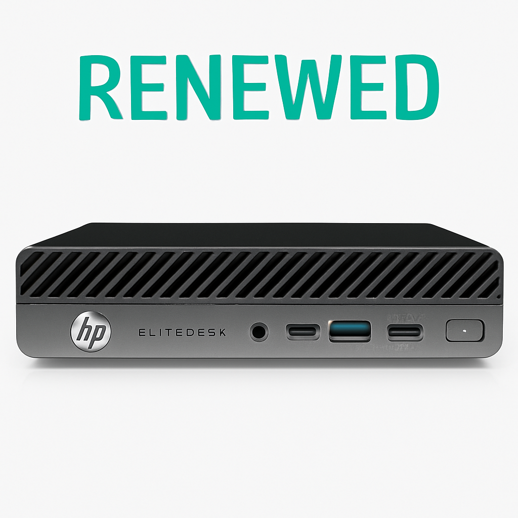 A digital photograph features a renewed HP EliteDesk 800-G4 Mini PC on a white background, with "RENEWED" written above in teal letters.