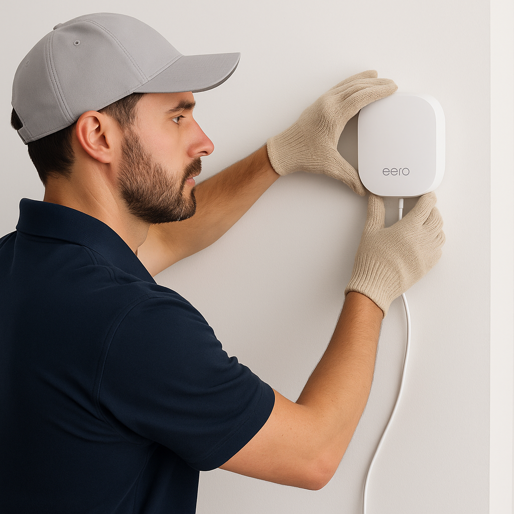 Technician installing an Eero Wi-Fi router on a wall, ensuring proper setup and cable management.