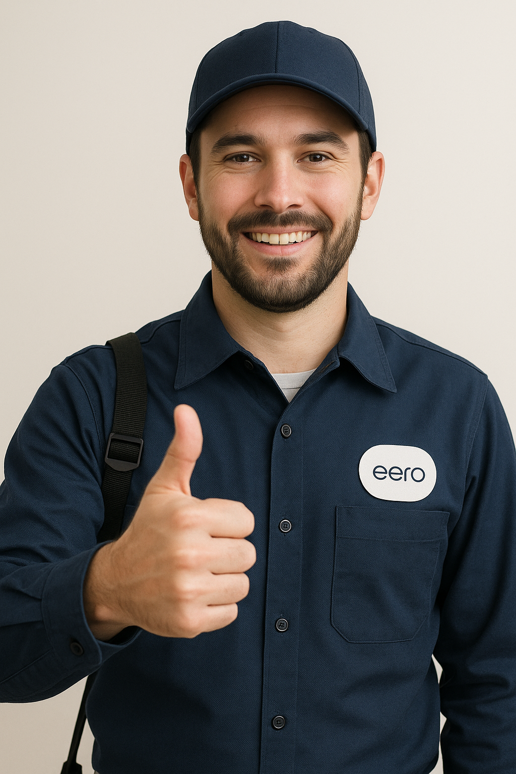 Smiling male technician in a navy uniform and cap giving a thumbs-up, wearing a visible “eero” logo patch on his shirt.