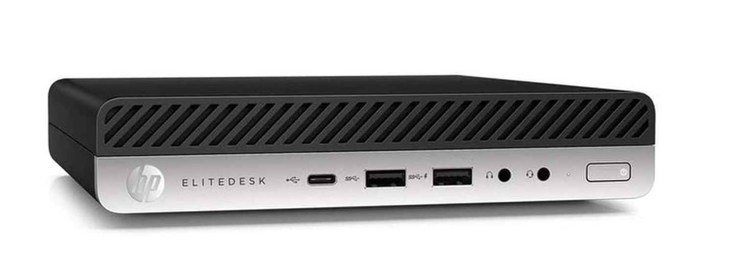 Here is the alt text for the image using the keyword hp mini pc: Alt Text: Front view of the HP EliteDesk 800-G4, a compact hp mini pc with multiple USB ports and a sleek silver-black design.