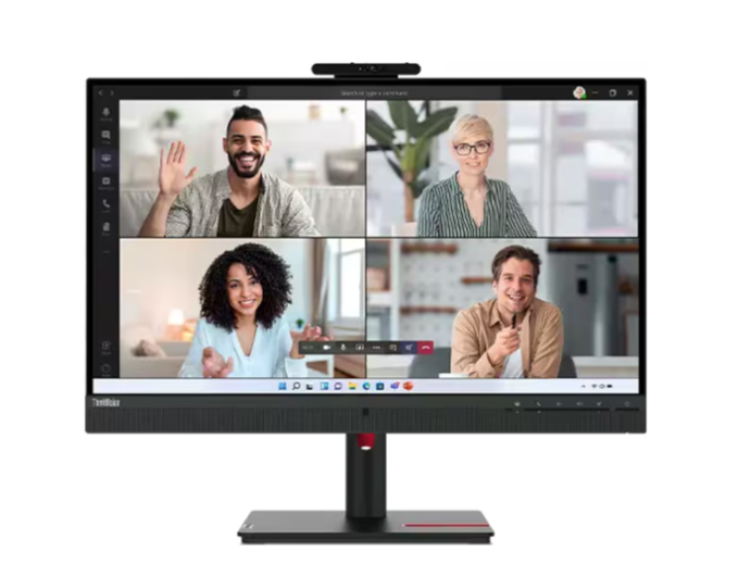 A ThinkVision monitor displaying a video conference with four diverse professionals, showcasing the built-in camera and speaker features of the Think Vision monitor.
