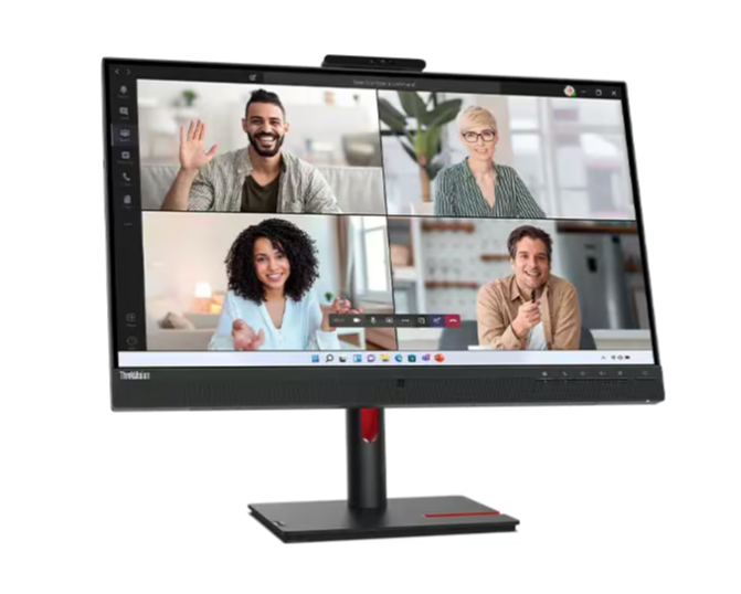 Angled side view of a Think Vision monitor displaying a video call with four participants, highlighting its built-in webcam and sleek design.