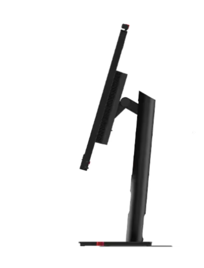 Angled side view of a Think Vision monitor in a forward tilt position, emphasizing its flexible ergonomic stand and slim profile.