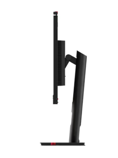 Side profile of a Think Vision monitor highlighting its ultra-slim display, adjustable tilt stand, and minimalist design.