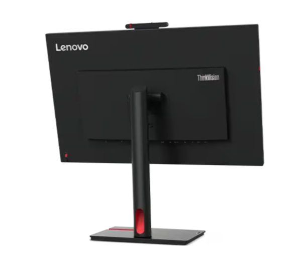 Angled rear view of a Lenovo Think Vision monitor showcasing its ergonomic stand, rear ventilation, and ThinkVision branding.