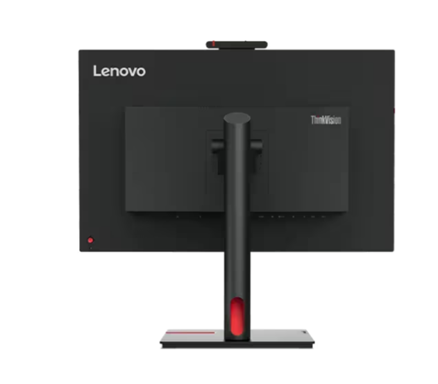 Rear view of a Lenovo Think Vision monitor showing the adjustable stand, cable management design, and branding on the back panel.