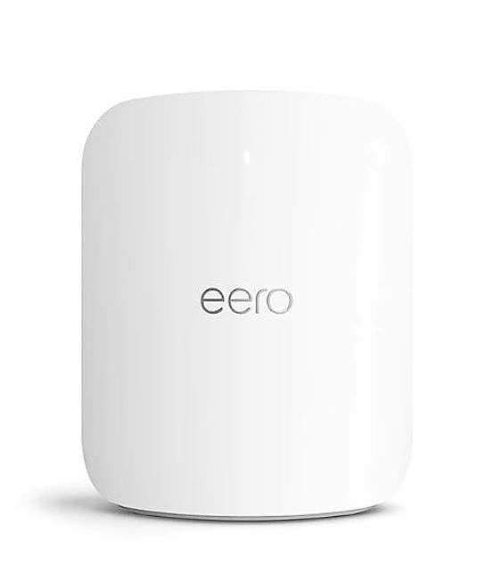 Front view of a sleek white eero Wi-Fi 6 router with a minimalist design and centered eero logo.