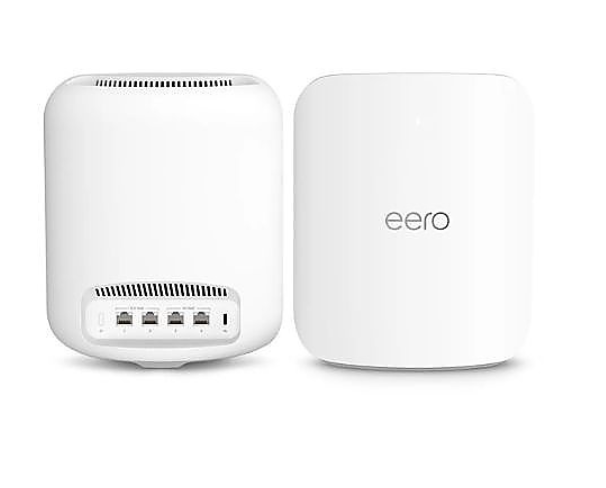 Front and rear view of two white eero Wi-Fi 6 routers showing the eero logo and Ethernet ports.