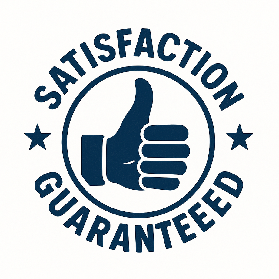 Vintage-style "Satisfaction Guaranteed" badge with a thumbs-up icon in the center, cream-colored text and symbols on a red background.
