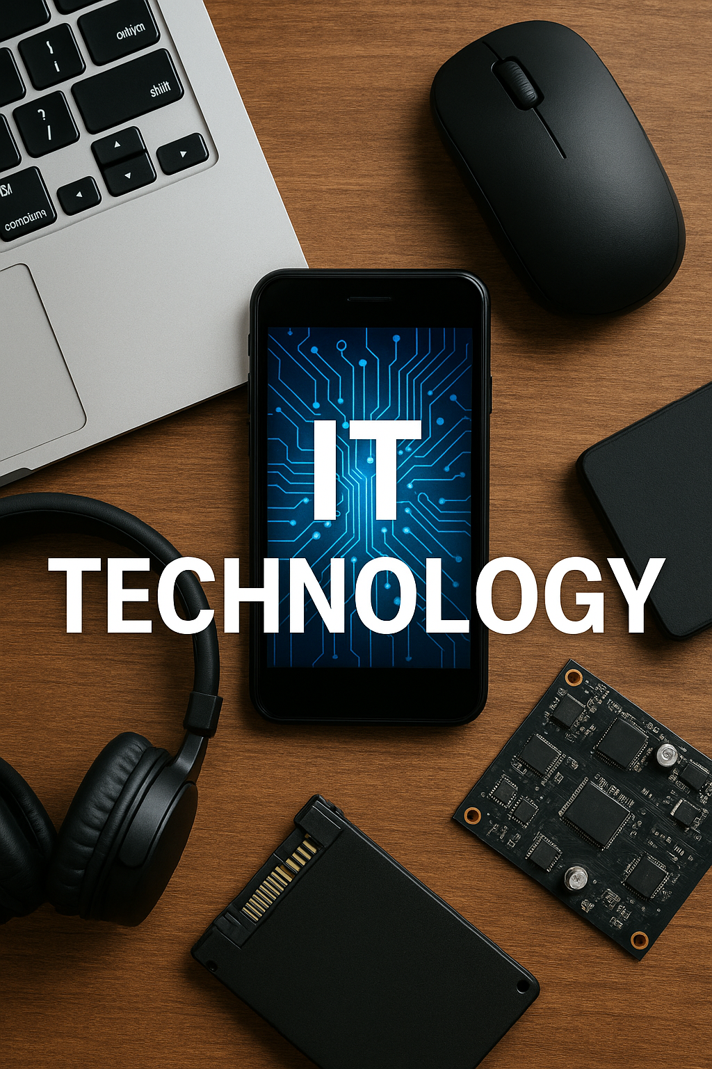 A high-resolution photo of a tech workspace with a laptop, smartphone, circuit board, SSD, and headphones arranged on a wooden desk. The smartphone screen displays a digital circuit pattern with bold text reading "IT TECHNOLOGY" — representing the theme of modern IT technology.