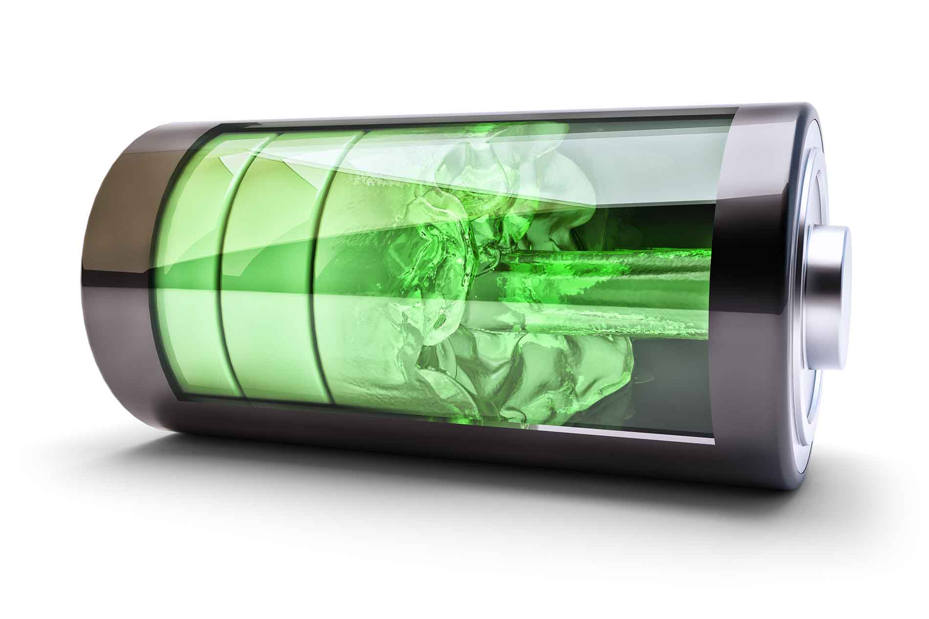 A 3D-rendered battery filled with glowing green liquid, symbolizing full charge—ideal for tools that calculate milliamp hours.