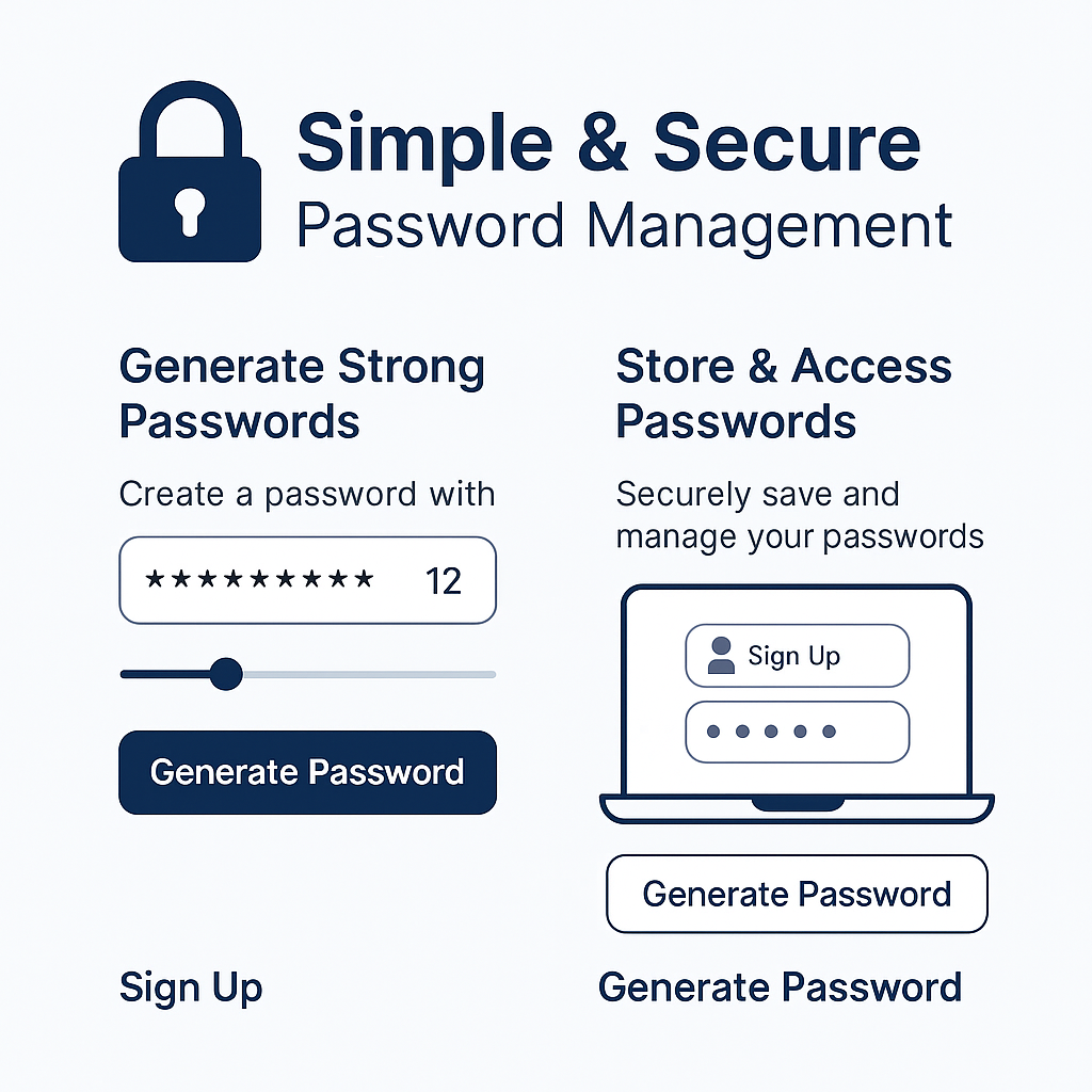 "Illustration showing secure password management with a lock icon, a password generator with adjustable length, and a laptop interface for storing passwords and signing up for an account."
