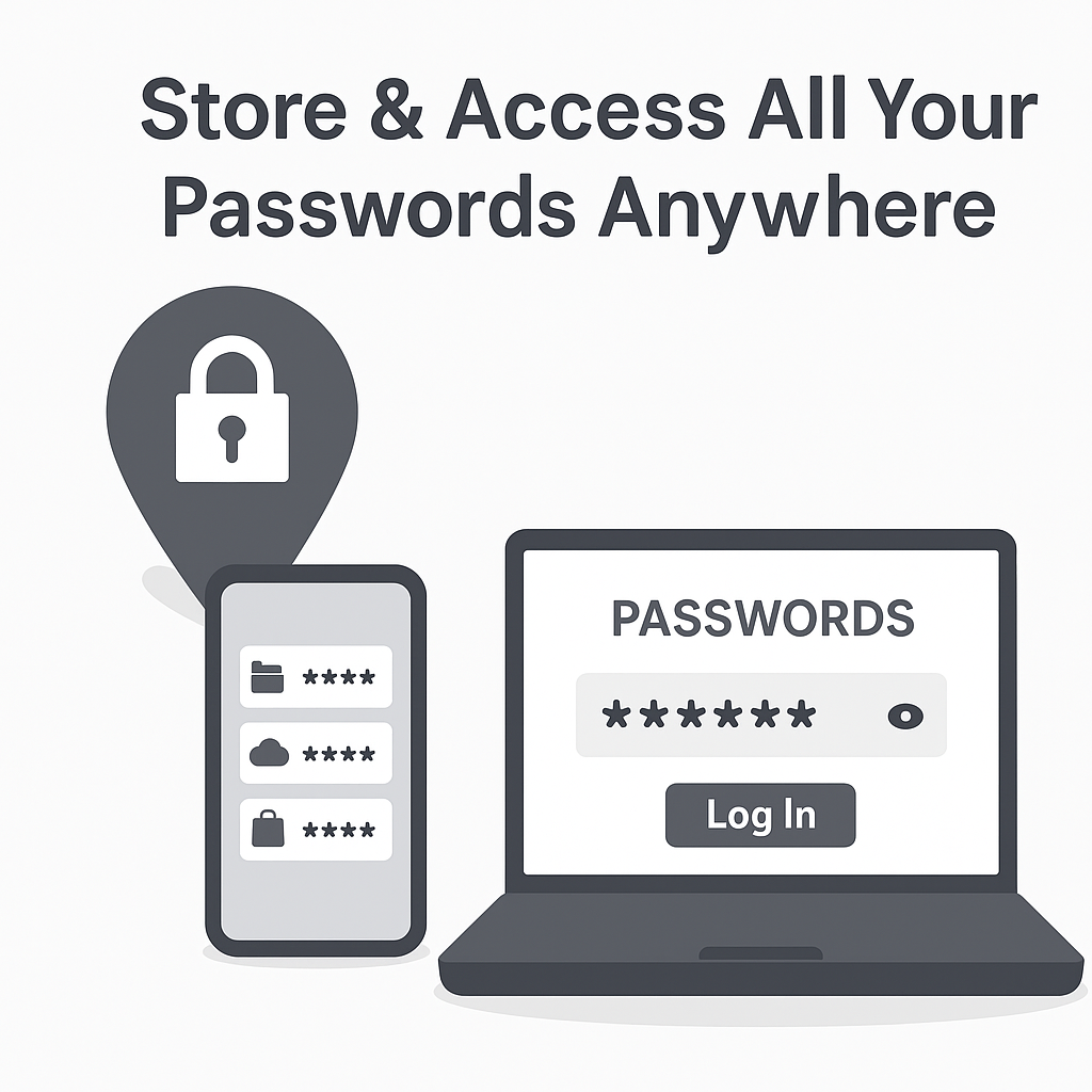 "Illustration showing a smartphone and laptop securely displaying saved passwords, with a location pin and padlock icon symbolizing access to passwords from anywhere."