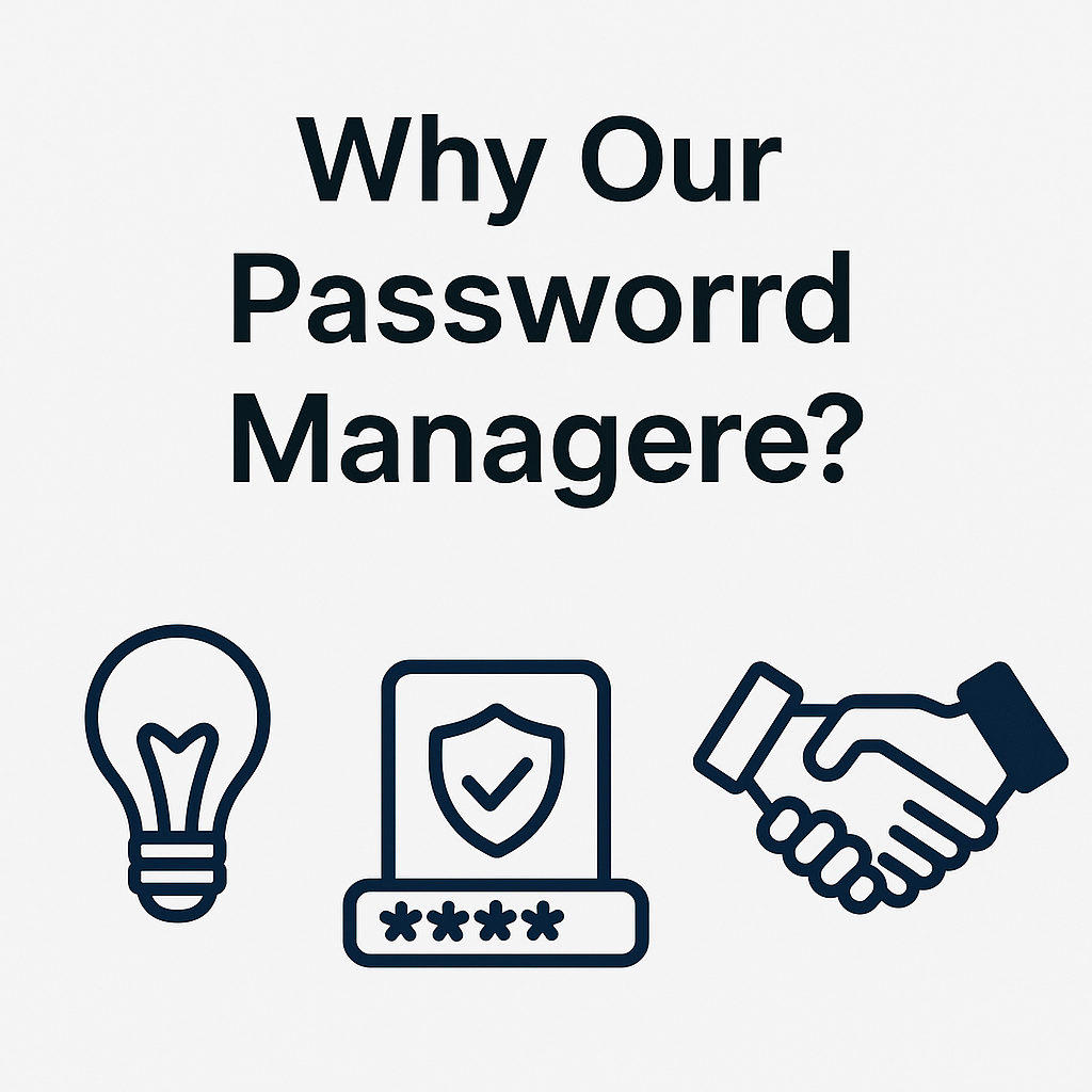 Graphic titled 'Why Our Password Manager?' featuring icons of a light bulb, a password-protected shield, and a handshake, symbolizing innovation, security, and trust