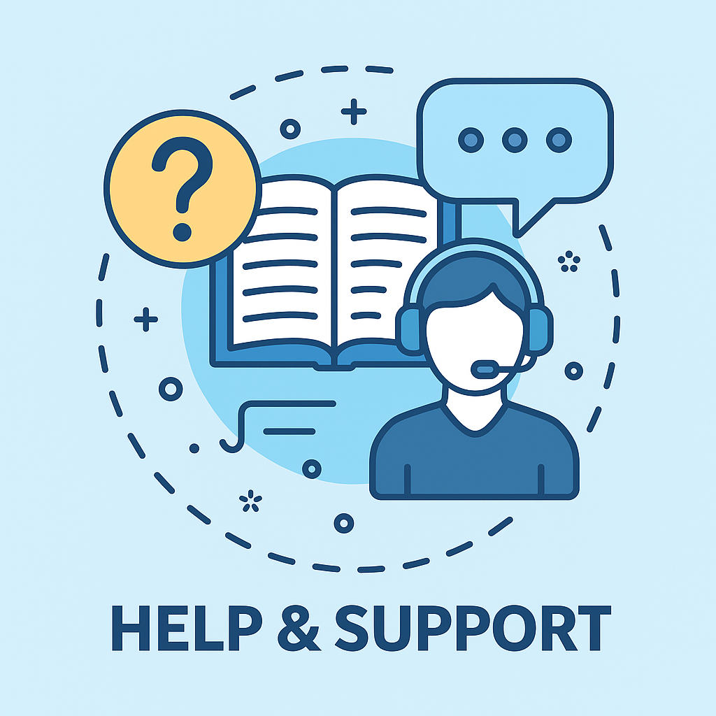 A flat-style digital vector illustration representing remote support and help services, featuring a headset-wearing support agent, an open book, a question mark icon, and a speech bubble, all set against a light blue background.