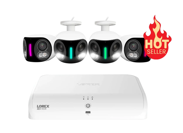 Lorex Fusion 4K security system featuring four dual-lens Wi-Fi cameras and a 4K NVR, labeled as a hot seller.