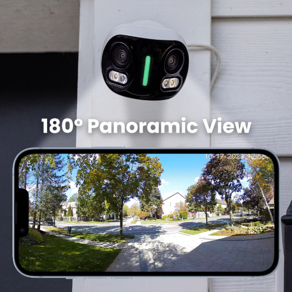 Lorex Fusion 4K security camera mounted outside a home, showcasing 180° panoramic view on a smartphone screen.