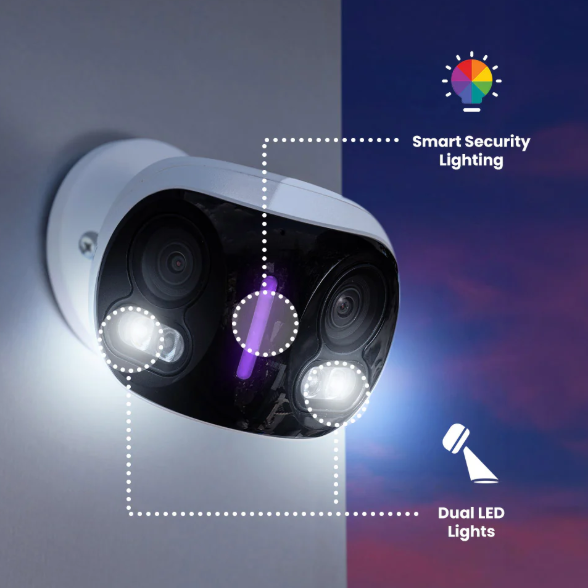 Lorex Fusion 4K security camera mounted on a wall, displaying smart security lighting and dual LED lights for enhanced night-time surveillance.