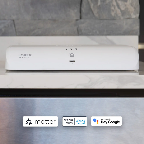 Lorex Fusion 4K+ NVR device on a countertop, compatible with Matter, Alexa, and Google Assistant smart home platforms.
