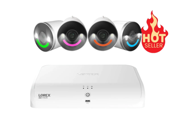 Lorex Fusion 4K+ security system with four color night vision cameras and a 4K NVR unit, labeled as a hot seller.