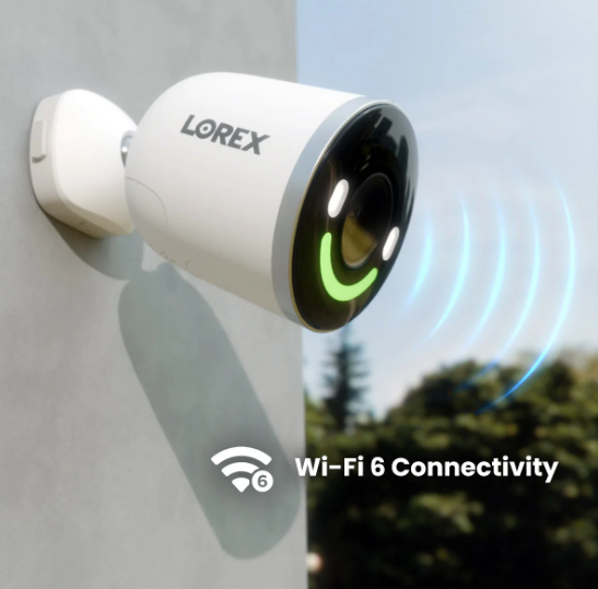 Wall-mounted security camera with green LED ring and animated Wi-Fi 6 signal waves, highlighting advanced wireless connectivity.