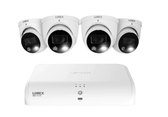 Lorex home security system featuring a 4K+ NVR and four H13 4K IP dome cameras for reliable wired surveillance coverage