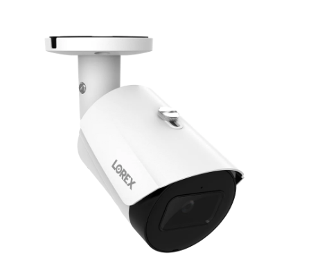 Angled view of a Lorex bullet surveillance camera with a white housing, ideal for outdoor placement in a lorex camera setup.