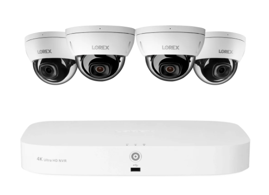 Lorex security system featuring a 4K Ultra HD NVR and four A10 dome cameras, ideal for indoor and outdoor surveillance.