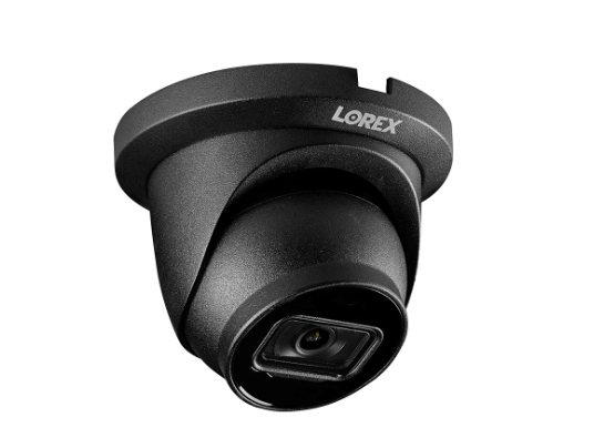 Lorex N3 4K black turret camera with sleek, weather-resistant design, perfect for high-performance 8MP security monitoring.