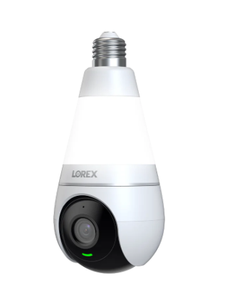 Lorex 2K Wireless Camera in lightbulb form, featuring a built-in spotlight and lens for smart socket-powered home surveillance.