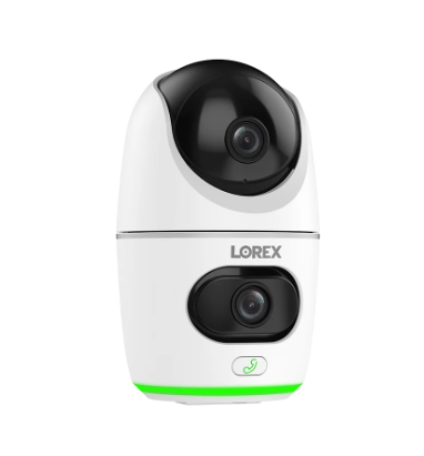 Lorex 2K Indoor Camera with dual-lens design, pan-and-tilt capability, and a built-in call button for smart home monitoring.