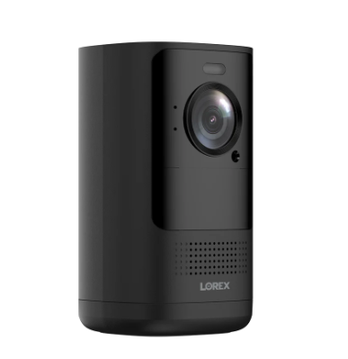 Black Lorex 4K wireless security camera standing upright with a wide-angle lens, microphone, and built-in speaker visible on the front panel.
