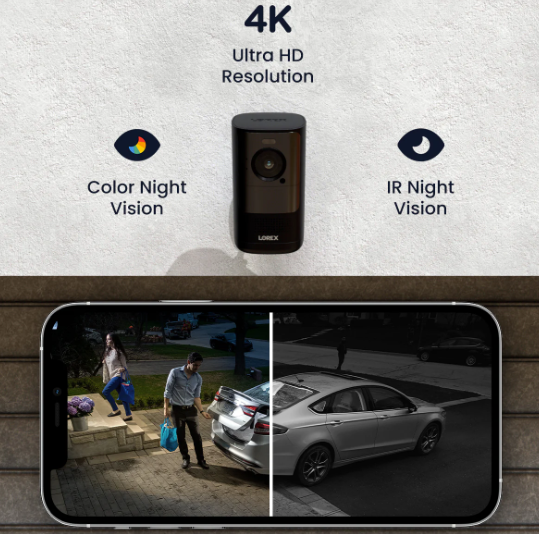 Lorex 4K wireless security camera demonstrating Ultra HD resolution with a split-screen showing color night vision on one side and infrared night vision on the other