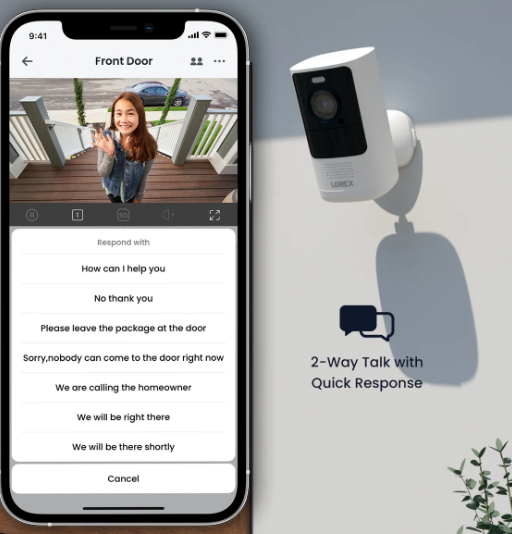 Smartphone displaying a live feed from a Lorex 4K wireless camera mounted on a wall, showcasing 2-way talk with quick response options.