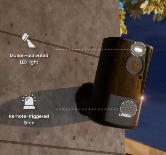 Lorex 4K wireless spotlight camera mounted on a wall at night, showing motion-activated LED light and remote-triggered siren features.