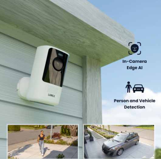 Lorex 4K wireless camera mounted under an eave, highlighting in-camera edge AI with person and vehicle detection capabilities.